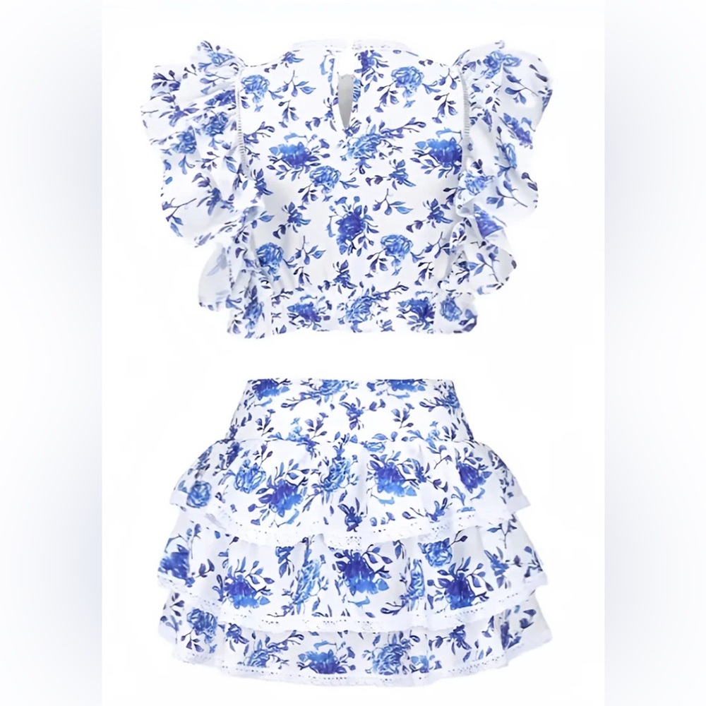 Blue Floral Ruffle Two-Piece Outfit - Picture 2 of 4